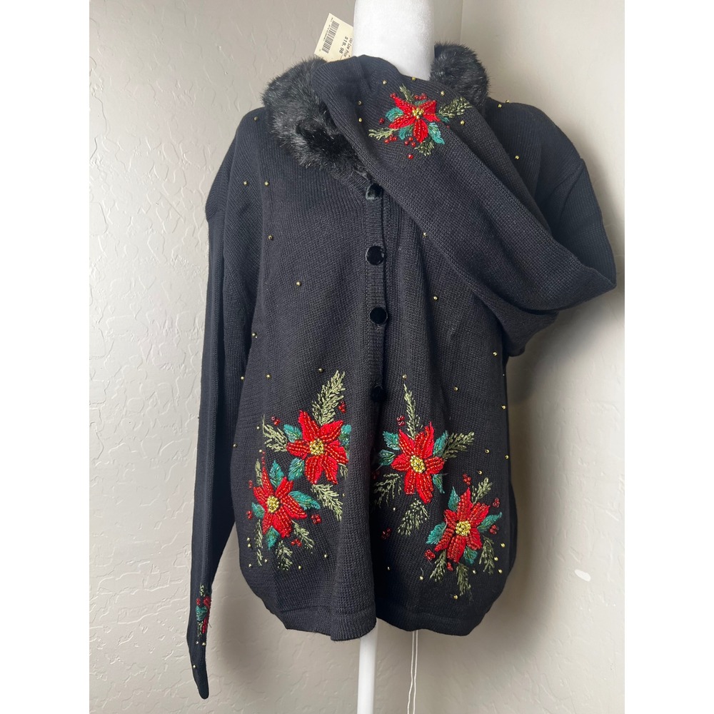 Tiara International Christmas Cardigan Black Beaded Poinsettia Faux Fur Collar L